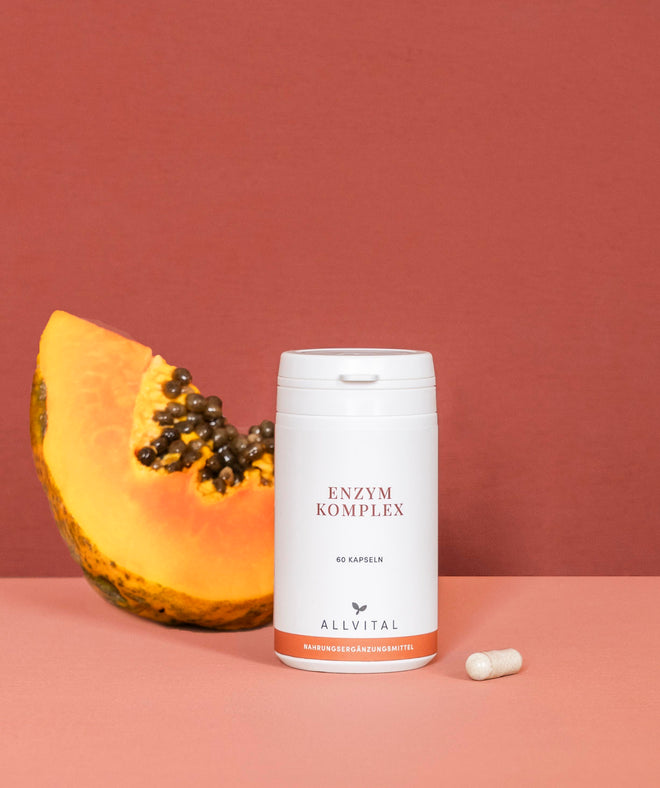 Enzyme complex of Allvital contains the important digestive enzymes amylase, protease, lactase, lipase and cellulase as well as secondary plant substances and bitter substances Enzyme complex of Allvital contains the important digestive enzymes amylase, protease, lactase, lipase and cellulase as well as secondary plant substances and bitter substances