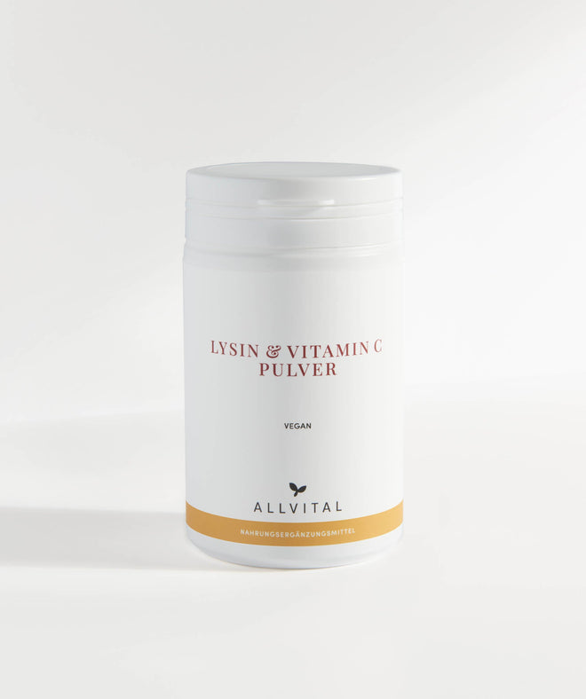 Allvital Lysine and Vitamin C Powder vegan. Good for collagen formation, blood vessels, bones, cartilage, skin and teeth. Protects against oxidative stress. Allvital Lysine and Vitamin C Powder vegan. Good for collagen formation, blood vessels, bones, cartilage, skin and teeth. Protects against oxidative stress.